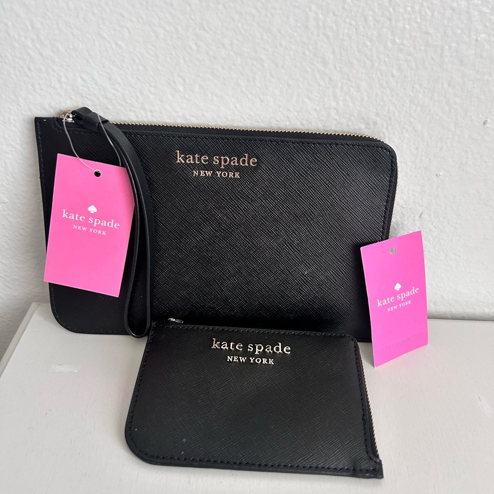 Kate Spade Black Saffiano Leather zip Wristlet & ID card  Set